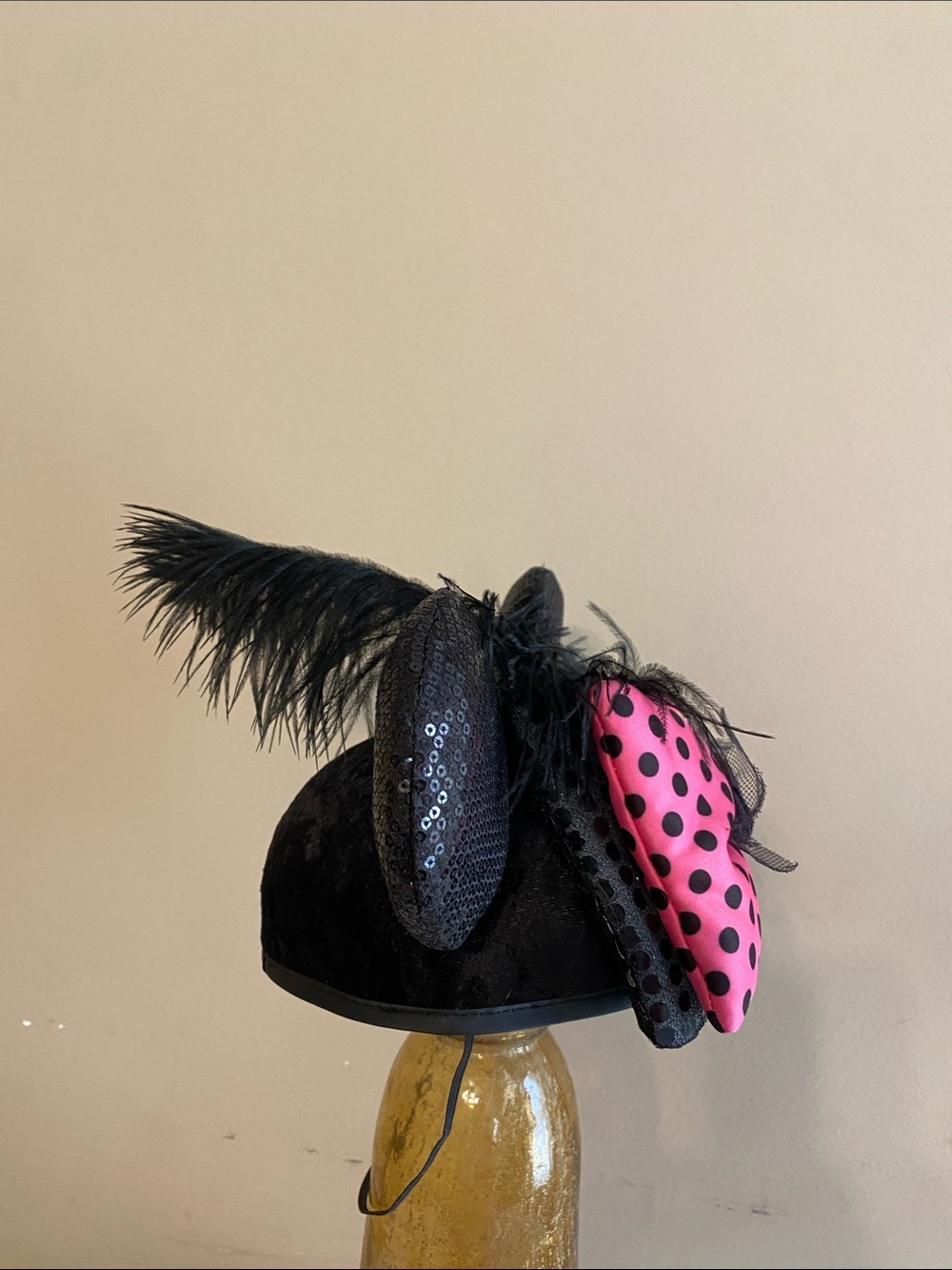 Disney Pink Polka Dot Bow Headband with Black Feathers and Sequined Ears - Picture 4 of 7